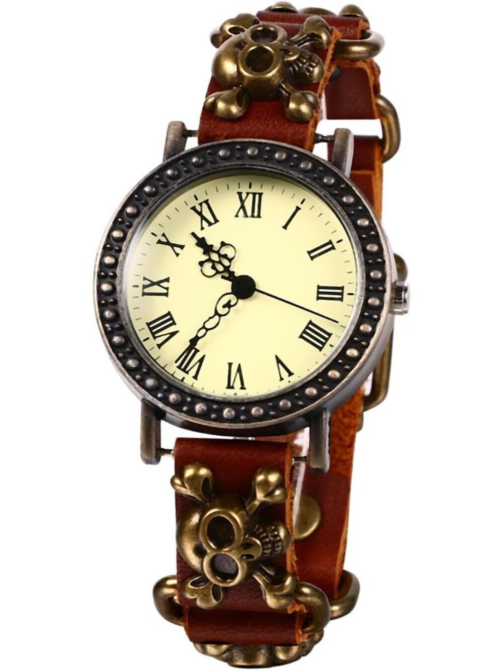Unisex Brown Analog Quartz Wide Leather Strap Band Skull Vintage Wrist Watch